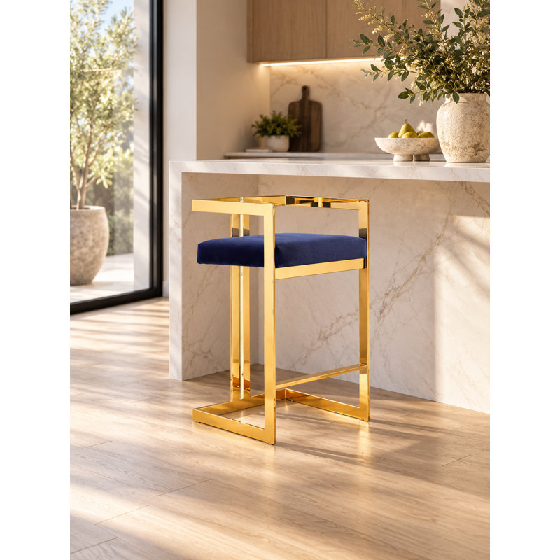 Tabouret de comptoir moderne Pangea Home, Velours marine, Doré, Tabouret de comptoir (siège d'une hauteur de 25,5