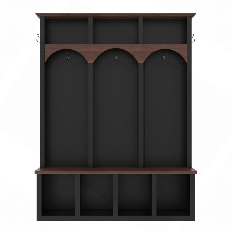 Wooden Style Hall Tree With Arched Design, Practical Entryway Walnut Storage Bench With 5 Hooks, Minimalist 4-In-1 Hallway Shoe Cabinet With 7 Cubbies For Mudroom, Living Room