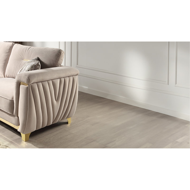 Salon moderne 2 pièces Fusion - velours beige, accents dorés, beige agrégat, bois massif
