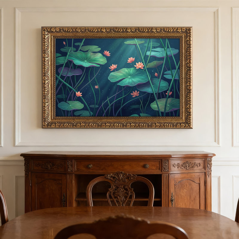 Art mural en toile noyer doré encadré pour le salon, la chambre à coucher, le bureau ou le vestibule - décoration murale décorative avec nénuphars