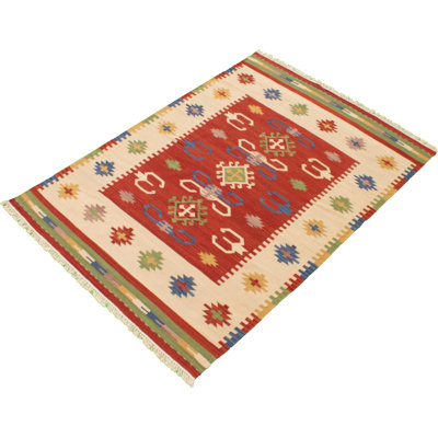 Tapis décoratif rouge foncé en laine Kilim tissé à la main Kandace