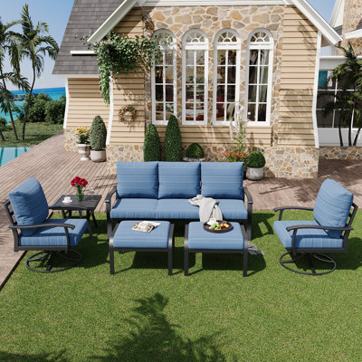 6 PCS Outdoor Metal Conversation Set With 360° Swivel Rocking Chairs, Sofa, &Ottoman For Patio, Garden, Deck Or Poolside