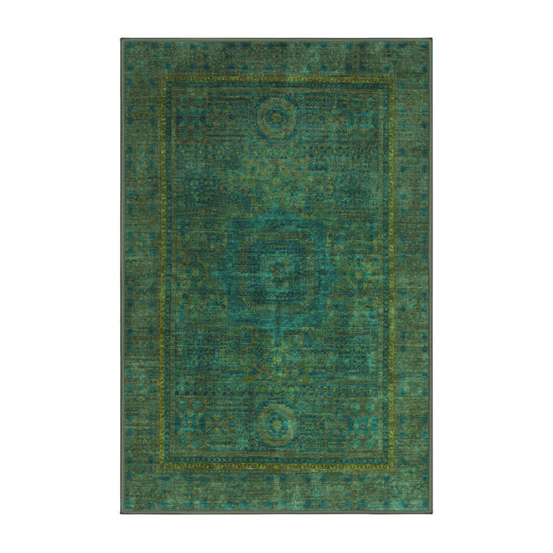 Tapis oriental vert tissé à la machine, Rectangle 6 pi x 9 pi