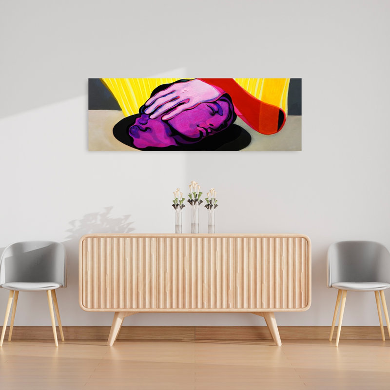 Tête mauve rose, art abstrait coloré à la main, H 16 po x l 48 po