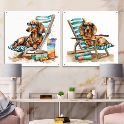Dog Lounging On The Beach With Sunglasses IV - Dog Acrylic Wall Art Glass Set Of 2