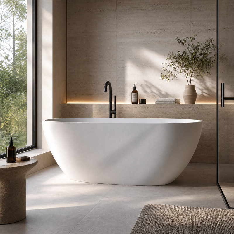 Baignoire de trempage autoportante en résine 70,8 po avec surface solide et trop-plein avec bonde escamotable 70,8 po