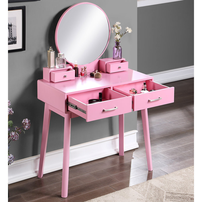 Coiffeuse et tabouret en bois rose - Aspect contemporain avec cadre de tiroir en métal, Rose