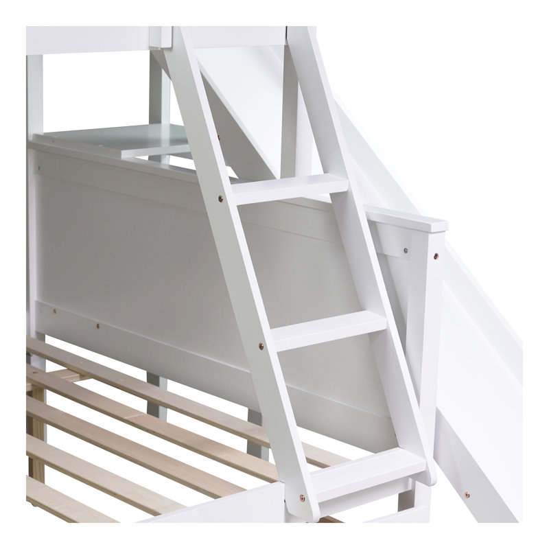 Lit superposé simple au-dessus de double avec 2 tiroirs, glissière, tablettes, échelle, lit superposé en bois d'hévéa avec glissière, tiroirs, blanc