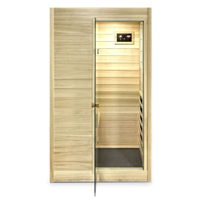 Mini-sauna d'intérieur à infrarouge lointain pour 1 personne avec thérapie par la lumière rouge, température maximale de 140 ℉, conception de porte à droite, haut-parleur Bluetooth intégré, bois de peuplier européen, panneau de commande d'affichage numérique