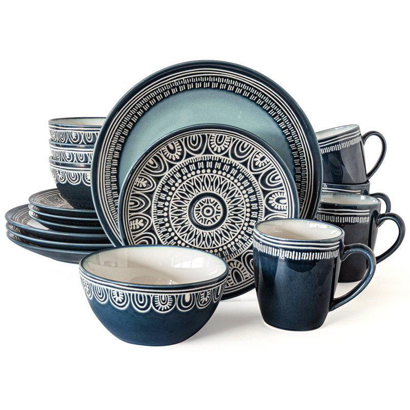 Medallion 16 Piece Stoneware Dinnerware Set - Service for 4, Teal