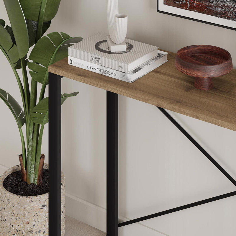 Modern Archie Console Table 110cm with Black Metal Legs - Sandstone or Dark Oak, Dark Brown Wood