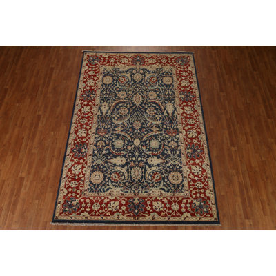 Tapis oriental unique en laine noué à la main de 6 pi 8 po x 9 pi 8 po de style oriental bleu marine / rouge / beige