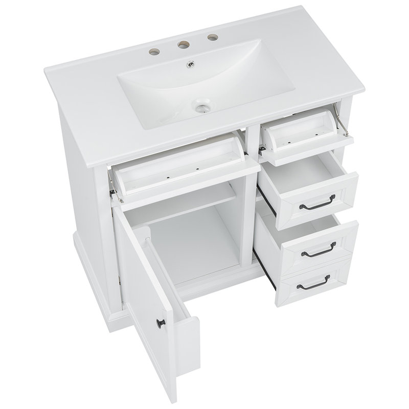 Meuble-lavabo de salle de bain avec lavabo en céramique et 2 tiroirs rabattables, Blanc