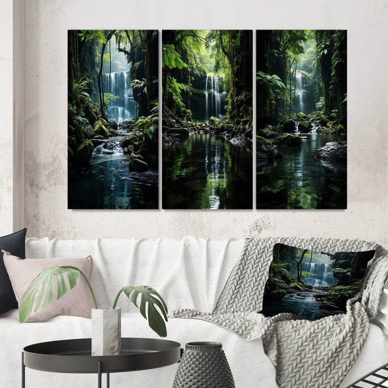 «Waterfall Hidden Oasis», 3 pièces sur toile, Toile tendue, H 40 po x l 60 po