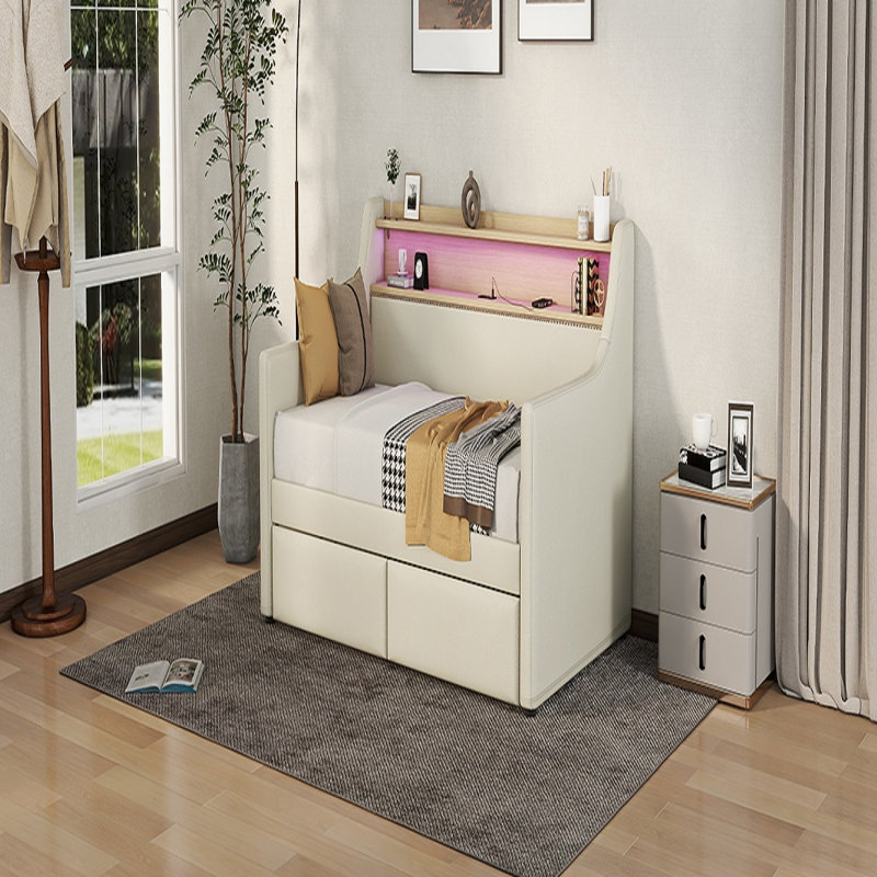 Lit de jour simple avec canapé-lit de rangement, lit de jour en cuir avec bandes lumineuses à DEL, tablettes, prises de courant, tiroirs de rangement