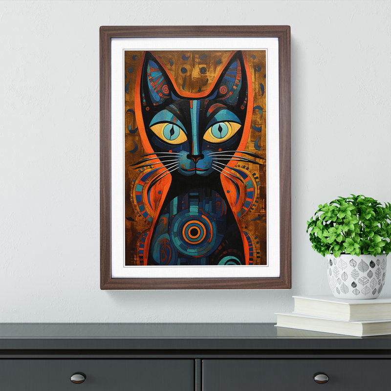 XYZ-FRM-V1223-617 Egyptian Cat Modern No.4 - Single Picture Frame Print on Wood, Walnut, 34cm H x 25cm W x 2cm D