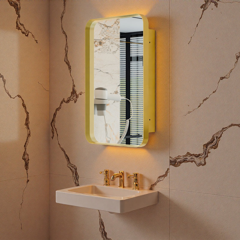 Pharmacie encastrée en métal avec miroir et tablettes réglables, Doré