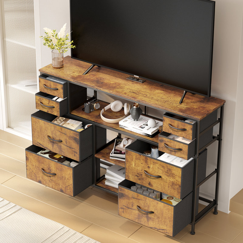 TV Stand For 55" Tvs With Charging Station And LED Lights, Rustic Brown