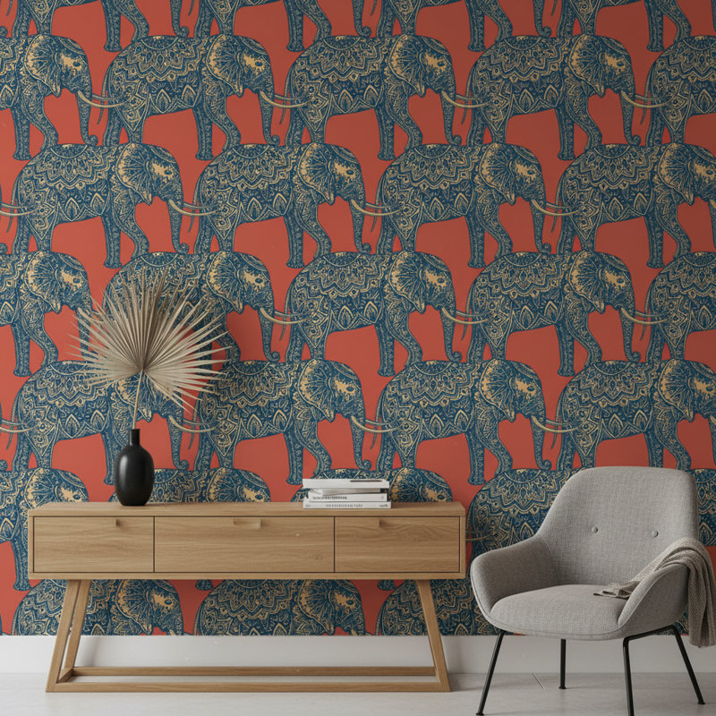 Éléphants, papier peint décoratif géométrique bohémien