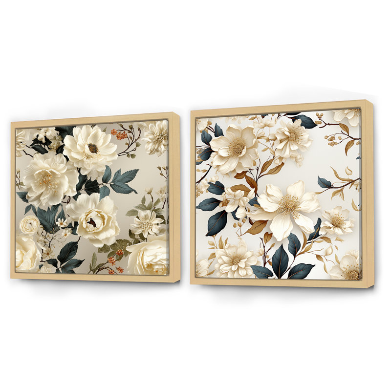 Anjou délicat d'inspiration botanique - ensemble de collage carré floral de 2, Cadre flottant brun, H 16 po x l 33 po