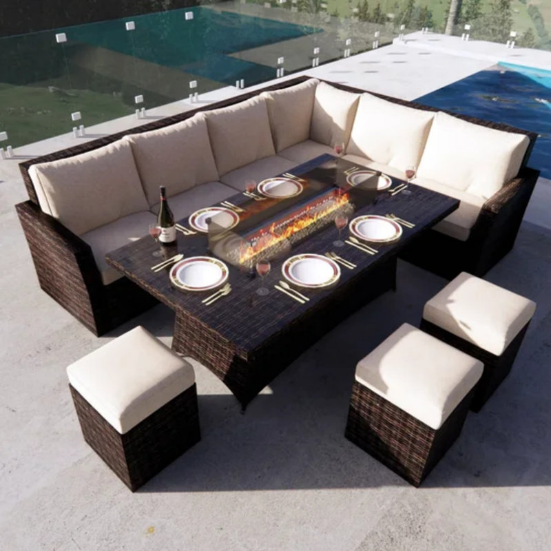 Bozhana 9 - Person Patio Dining Set with Rectangular Table , Cushions Included