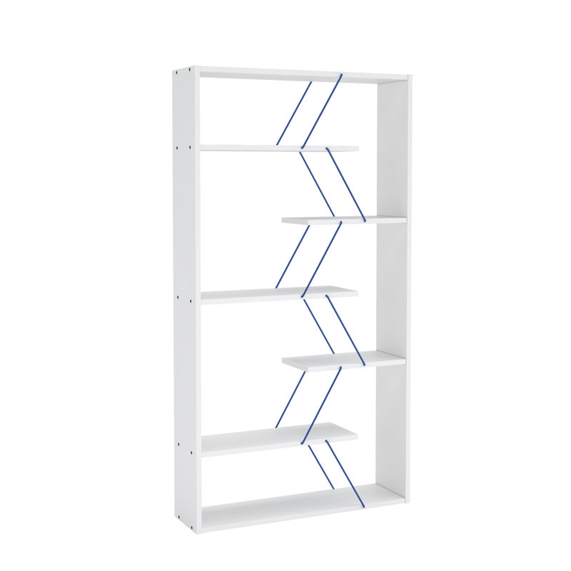 Furnish Home Store Wood Frame Etagere Open Back 6 Shelves Bookcase Industrial Bookshelf For Office And Living Rooms Modern Bookcases Large Bookshelf Organizer, White/Blue