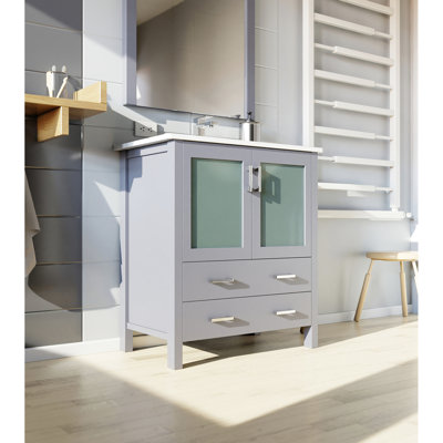 Dark Grey 30 In. Wide Bathroom Vanity , 18.25 D, White Ceramic Basin, 28 Wall - Hung Oval Mirror, Soft Close Drawer, Interior Storage W For Bathrooms, Top Surface, Large Closing Drawer System, Cabinet