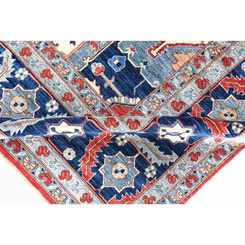 Hand Knotted Wool Area Rug in Red And Navy