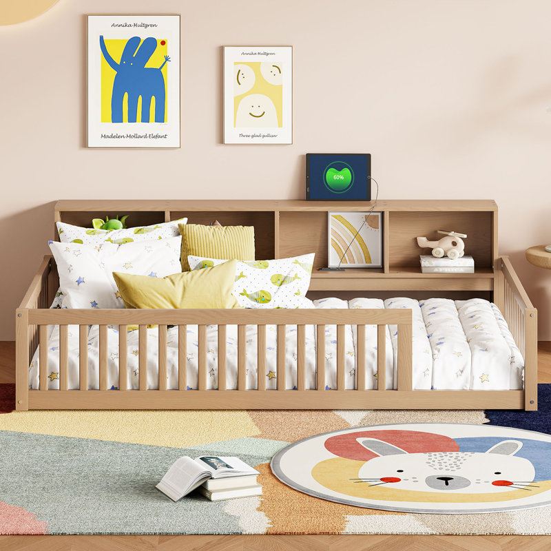 Lit de jour avec armoires de rangement et ports USB, Brun