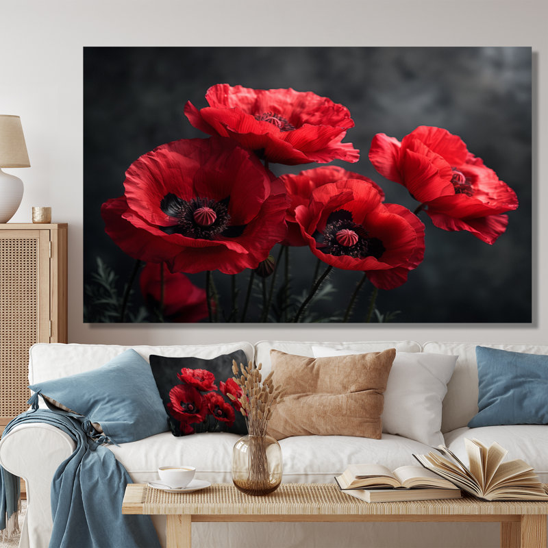 Coquelicots rouges et noirs, charme monochrome III - coquelicots, art mural, Toile tendue, H 12 po x l 20 po