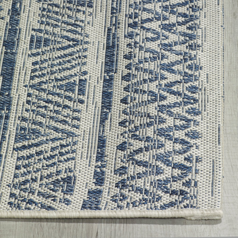 Flat Woven Outdoor Rug - Waterproof, Easy to Clean, Stain Resistant - Premium Polypropylene Yarn - Striped Boho - Large Patio, Deck, Sunroom - Amman - Blue