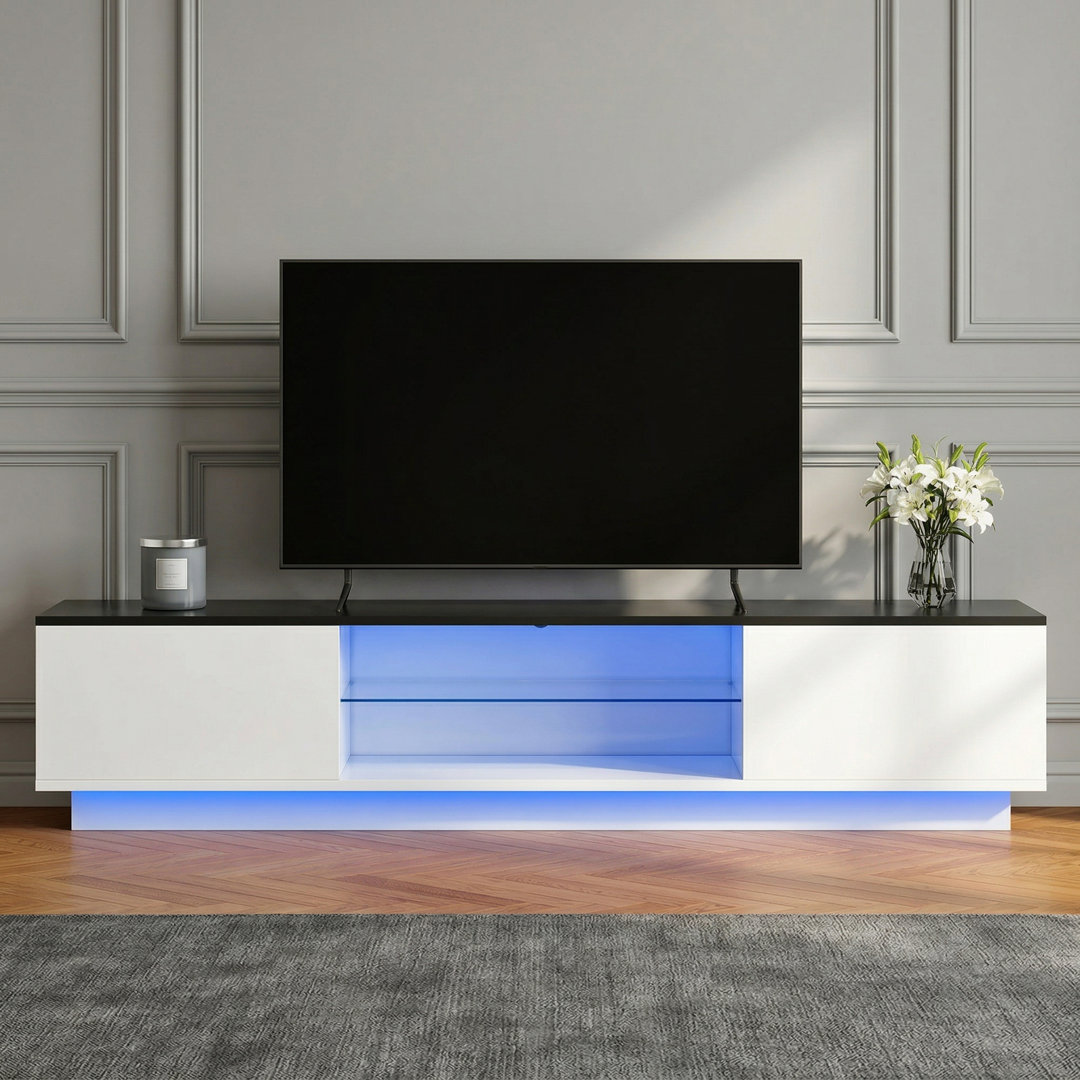 TV Stand Cabinet Modern White Media Console Cabinet With LED Lights, 140Cm TV Stand Unit With 2 Doors, Large Entertainment Center For Living Room