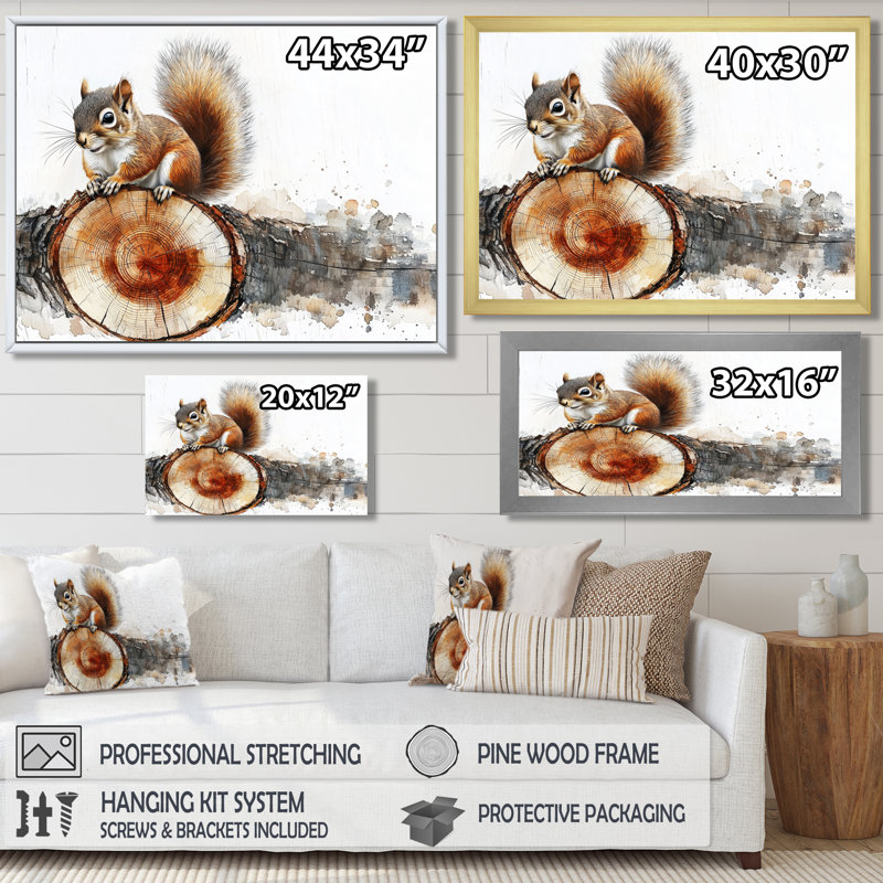 Mignon écureuil sur une forêt glissoire en bois II - impressions sur toile d'écureuil, H 30 po x l 40 po, Argent argent