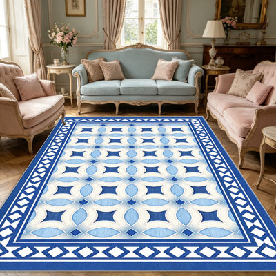 Tapis géométriques bleus pour le salon, doux et confortable, convient à toutes les saisons, facile à entretenir, tapis de sol intérieur lavable à la machine, sous la table de ferme convenant à la chambre à coucher, à la salle à manger, au bureau, au patio, au balcon, à la décoration intérieure