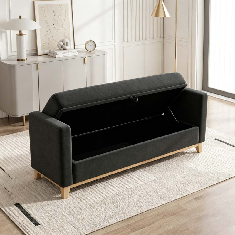 Banc rembourré en bois massif, 66 Inch+Storage, Black+Neutral11