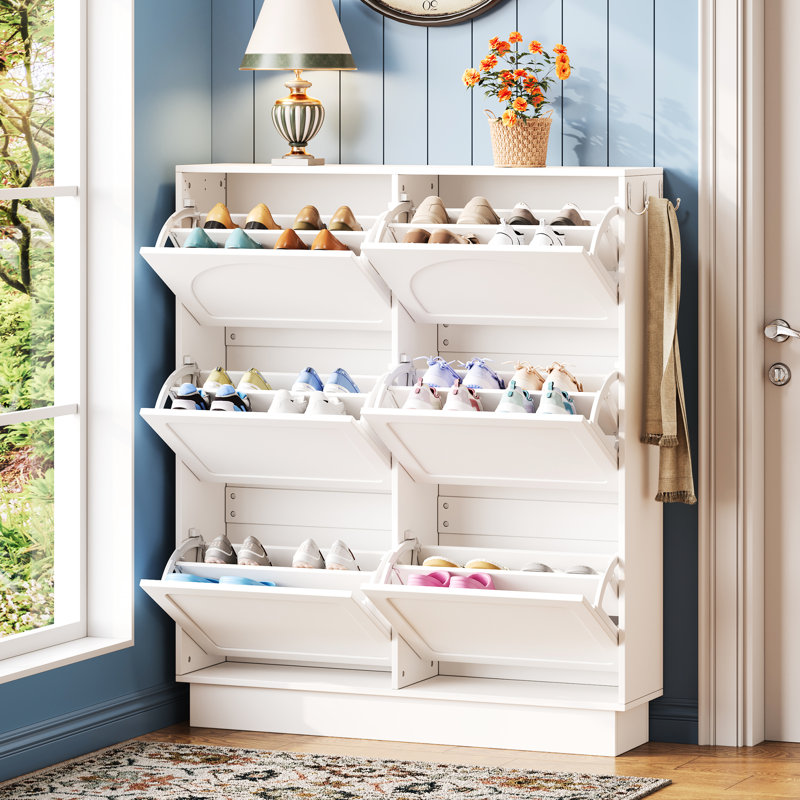 Range-chaussures réglable de couleur crème avec 6 tiroirs rabattables à double couche, 3 crochets, conception étroite, peu encombrant, finition blanche, pointe, rangement pour tapis de sol de style moderne, couleur, construction,