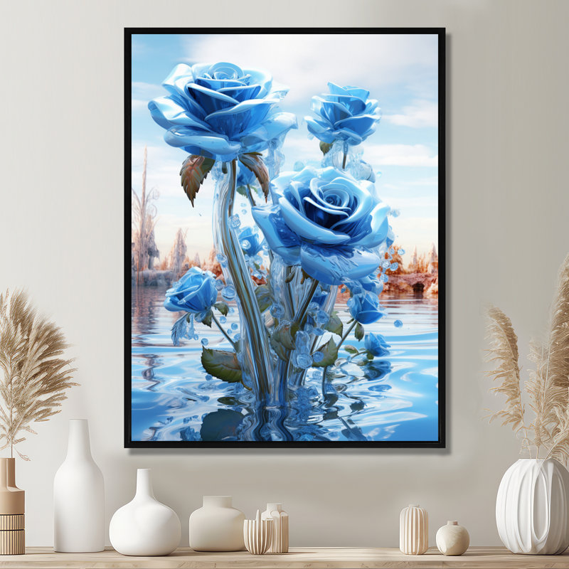 Roses bleues magiques dans le lac - salon d'art mural Roses, Toile avec cadre flottant noir, H 20 po x l 12 po x P 1 po
