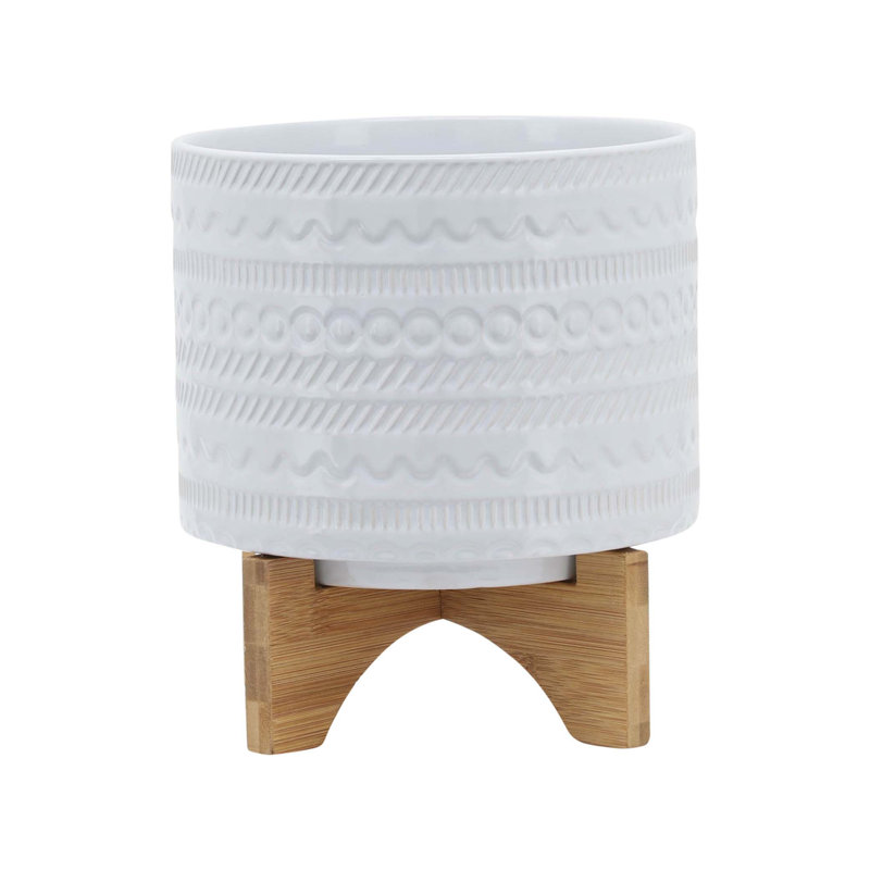 Natacha Stoneware Planter with Bamboo Stand - Ceramic Plant Pot with Raised Decorative Design, Modern Elevated Display, White