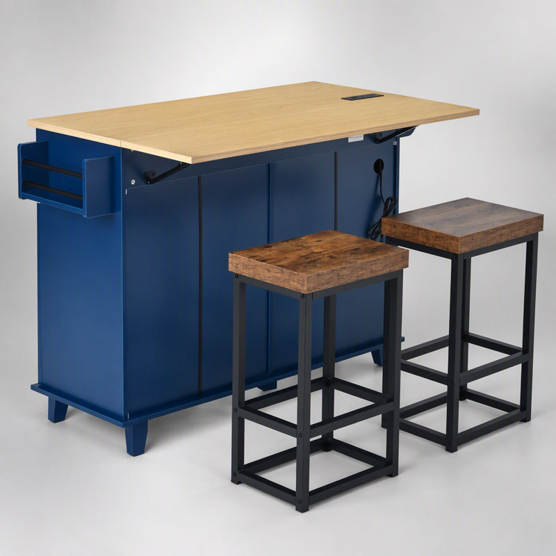 Îlot de cuisine de style champêtre avec abattant et 2 places assises, nombreux rangements et prise électrique, bleu, Bleu