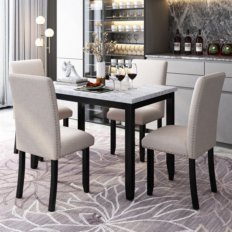 Comfortable 5 Dining - Faux Marble Table & Thick Cushions Elegant To Damage