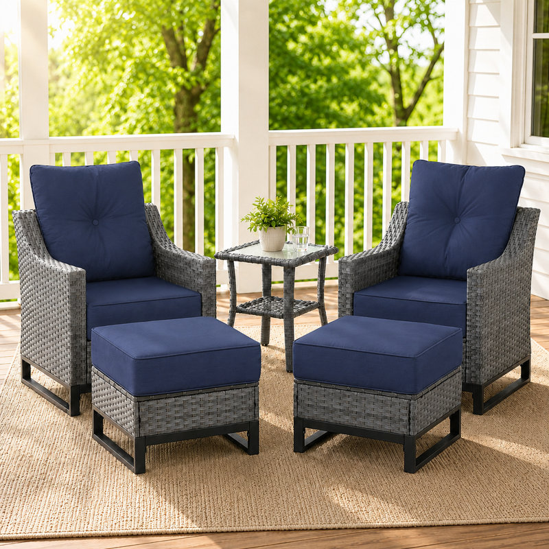 5 Piece Patio Wicker Chair Set With Ottomans And Side Table, Outdoor Rattan Conversation Set With 6" Thick Olefin Cushions, Gray Wicker Bistro Furniture Set For Porch, Garden, Balcony, Blue