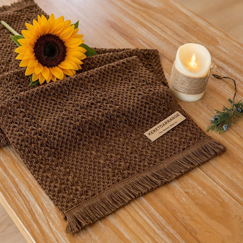 Fall Boho Macrame Brown Table Runner – Woven Burlap Rustic Bohemian Table Décor
