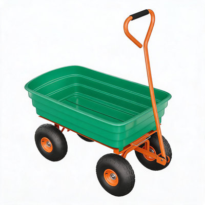 Heavy-Duty Poly Garden Dump Cart Utility Wagon - 600 lb Capacity, Quick-Release Dump, All-Terrain Tires, 180° Adjustable Handle - Green Bucket + Orange Rims