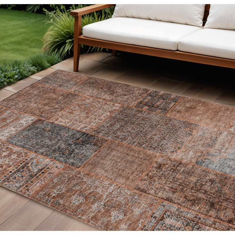 Tapis d'extérieur lavable 10 pi x 14 pi en terre cuite et cuivré patchwork