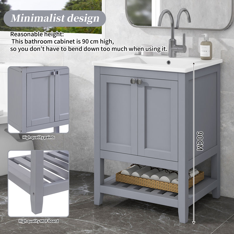 61mm Single Bathroom Vanity with Ceramic Basin, Gray