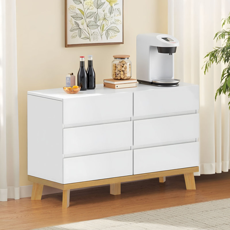 Commode 6 tiroirs, commode blanche pour chambre à coucher, commode en bois, commode double large, commode moderne pour salon, entrée, couloir, blanc