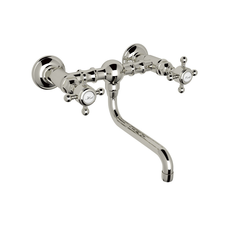 Acqui Wall Mount Bridge Lavatory Faucet, Polished Nickel, Cross Handle
