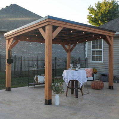 Backyard Discovery Arcadia Pitched Roof Cedar Wood Outdoor Patio Gazebo with Powerport 3.7m x 2.9m (12ft x 9.5ft)