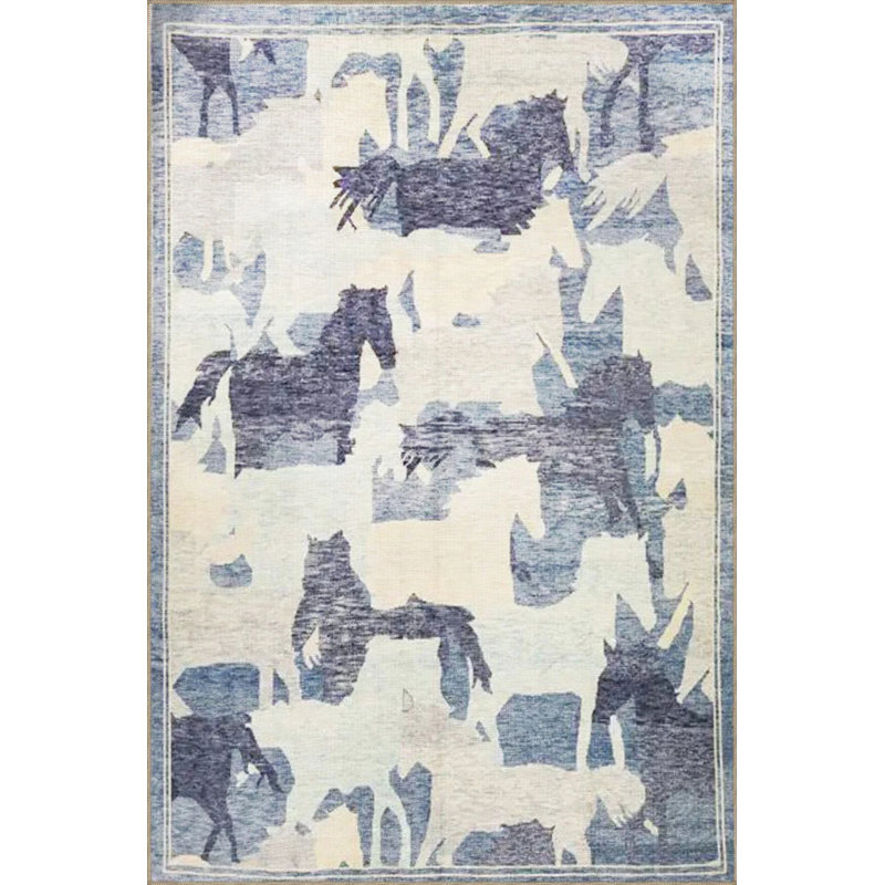 Blue Beige Themed Abstract Horse Patterned Modern Decorative Carpet, Round 5'