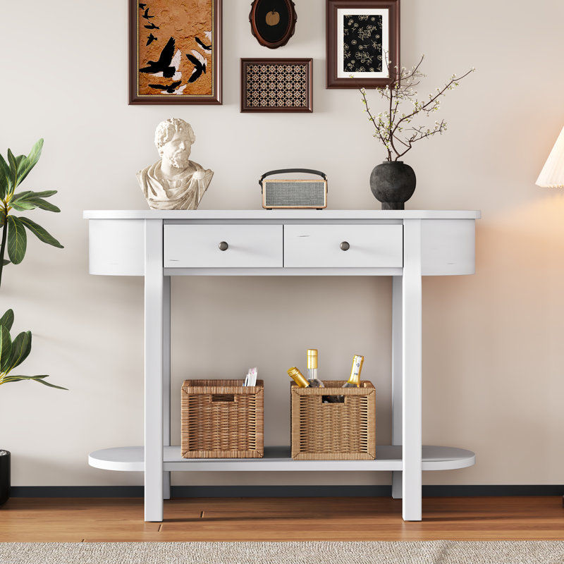Elegant Retro Console Table With Curved Design And Smooth Glaze, White